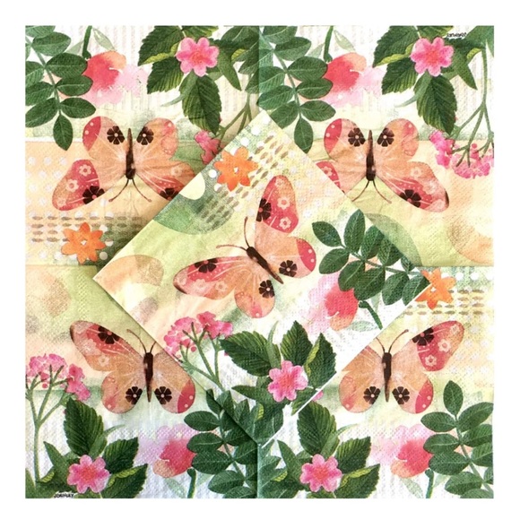 Peachy Pink Butterfly Decoupage Individual Beverage Size Paper Napkins, 2-ct - Picture 1 of 4